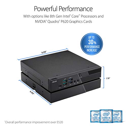 ASUS PB60G Mini PC with Intel Core i3-8100T and NVIDIA Quadro P620 Graphics Module (256GB SSD, 8GB RAM, HDMI, DisplayPort, 802.11ac Wifi, BlueTooth 5.0, Gigabit LAN, USB 3.1, VESA Mount, Windows 10 Pr