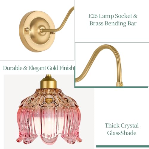 Image of Dimmable Plug in Wall Sconce,Brushed Brass Wall Sconces Set of 2 Flower Wall Lights with Plug in Cord and Glass Lampshape,Gold Sconces Wall Decor Set of 2 Plug in Wall Lamp Sconces for Bedroom