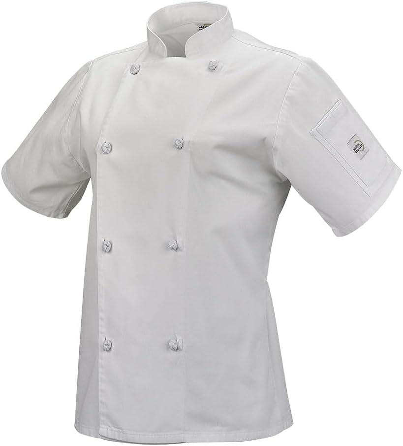 Mercer Culinary M61042WHL Genesis Women's Short Sleeve Chef Jacket with Cloth Knot Buttons, Large, White