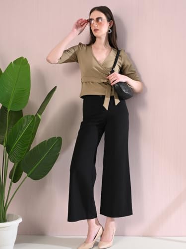 Image of Elegant Wrap Blouse for Women - Deep Neck Knot Design, Slim Fit Crop Style, Classy & Trendy Chic Fashionable Outfit for Casual