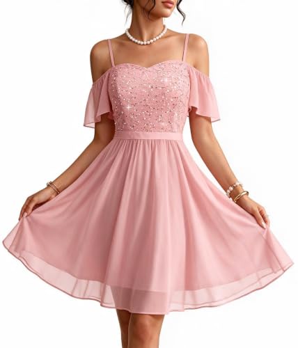 MUADRESS Wedding Guest Cocktail Dress Off Shoulder Sequin Lace Blush S