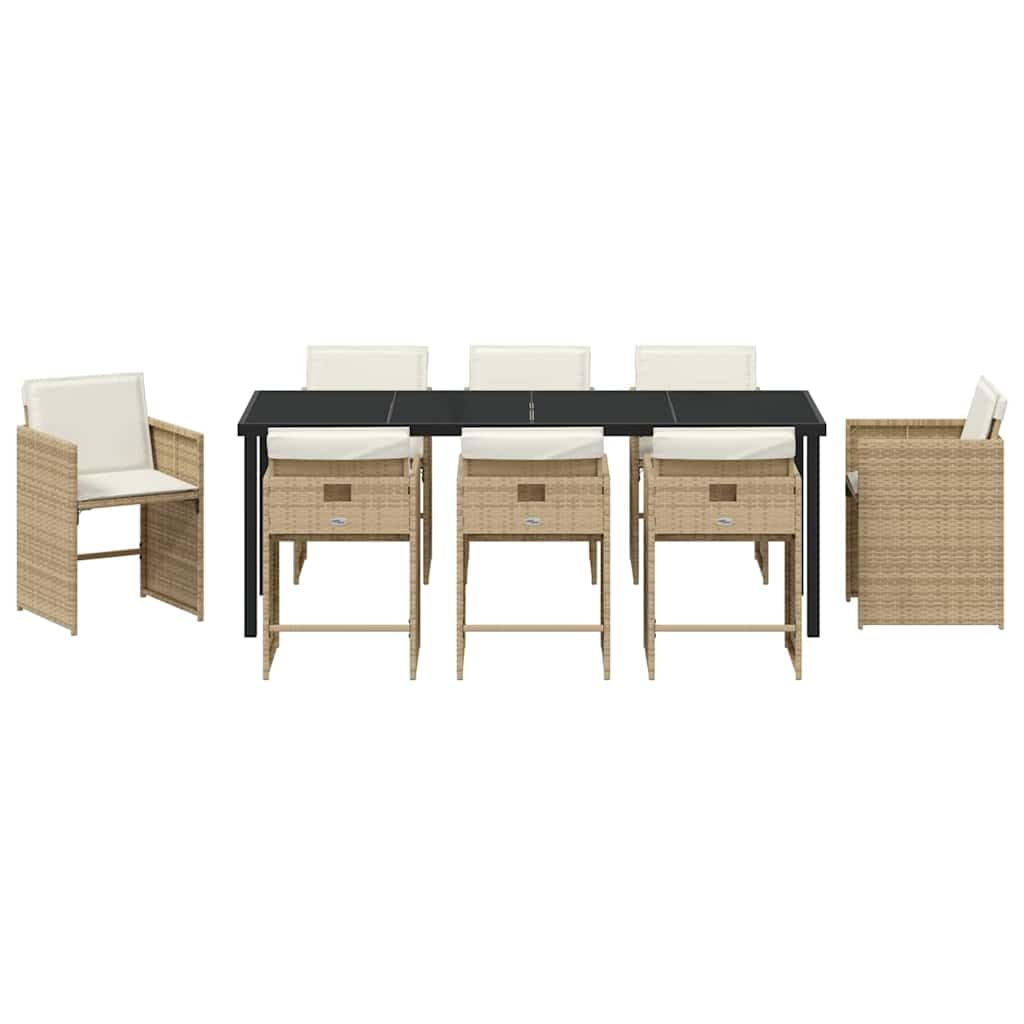 Salon de jardin 9 pièces en polyrotin beige avec coussins, cadre en acier revêtu par pulvérisation, plateau en verre trempé, meubles de salon d'extérieur résistant aux intempéries pour