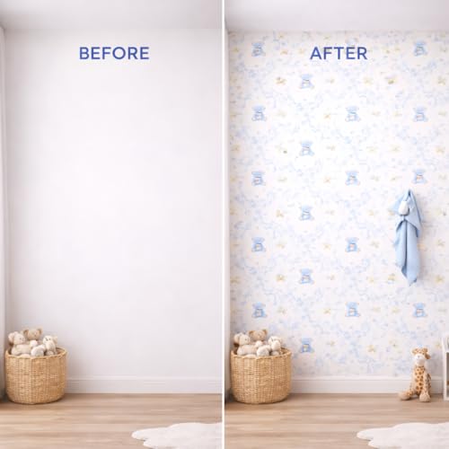 Image of Blue Teddy Bear Cartoon Wallpaper for Kids Room | Cute Nursery Wall Decor for Baby Room | Self Adhesive Peel & Stick Wallpaper | Removable, Washable Wall Covering 16 x 144 Inch