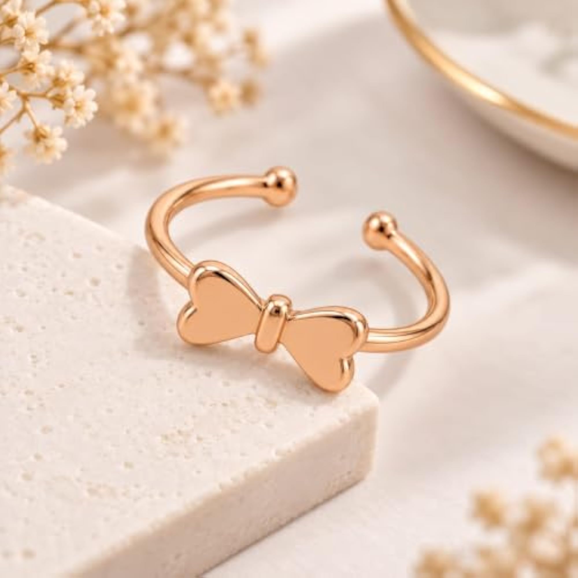 Women's Rose Gold Plated Bow Adjustable Ring, Stylish Design