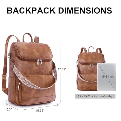 Leather Laptop Backpack for Women, 15.6" Work Travel College Bag, Teacher Nurse Convertible Backpack Purse Brown3