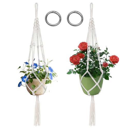 Yoicn Lth Juego de 2 Colgantes de Macramé con Gancho, Bohemia Beige Colgante para Plantas, Cuerda de Algodón para Macetas Colgantes para Interior y Exterior Jardín Decoraciones de Pared