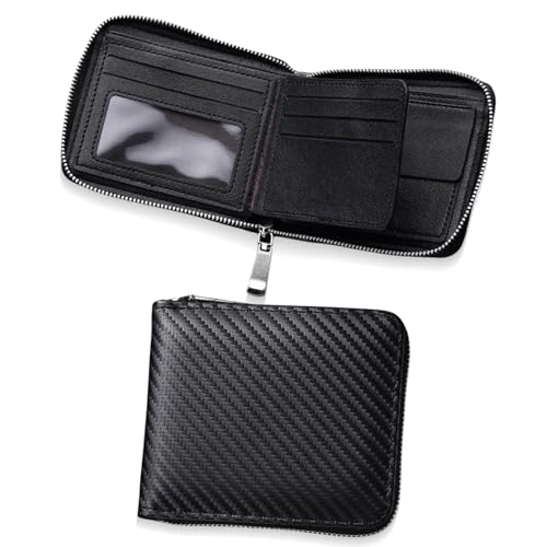 KAIDUCHKDC Minimalist Men Wallets with Zipper Fashion Carbon Wallet for Men with 4 Card Slots & 2 ID Windows & Cash Pocket Mens Zipper Wallet Valentine's Day Gift for Him