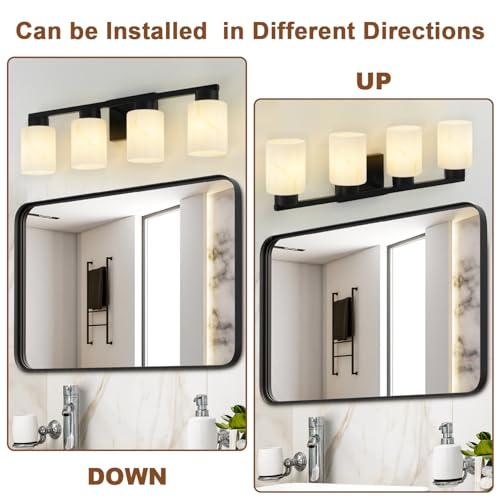 Image of 4-Light Bathroom Light Fixtures, Modern Vanity Lights, Black Metal Wall Lamp with White Marble Glass for Bathroom, Mirror, Living Room, Bedroom, Cabinet, Porch, Hallway, E26 Base