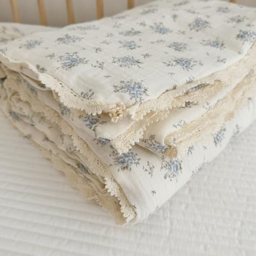 Image of BuLuTu Chic Shabby Blue Flower Print Kids Quilted Blanket Muslin Cotton Toddler Quilt with Lace Edges Soft Lightweight Kids Comforter for Girls Boys, All Seasons, 60x78 Inches