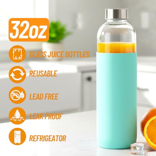 Image of Luxfuel 32 oz Glass Water Bottles with Lids and Silicone Sleeve 3 Pack | Leak Proof Stainless Steel Lids, BPA Free, Reusable Glass Bottles for Juicing, Smoothies & Refrigerator, Dishwasher Safe