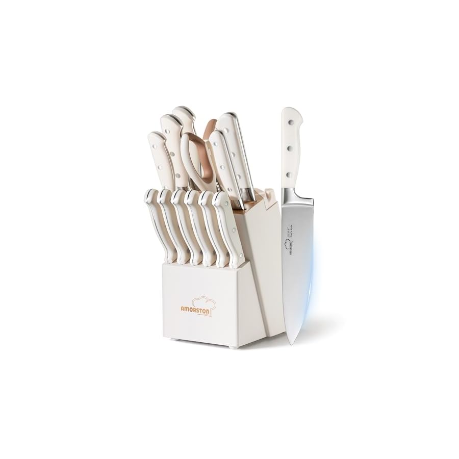 Knife Set, Kitchen Knives Set with Block and Sharpener 14 Pcs Full Tang Knives German Stainless Steel Dishwasher Safe Kitchen Utensils Set with Ergonomic Handle Gifts for Women