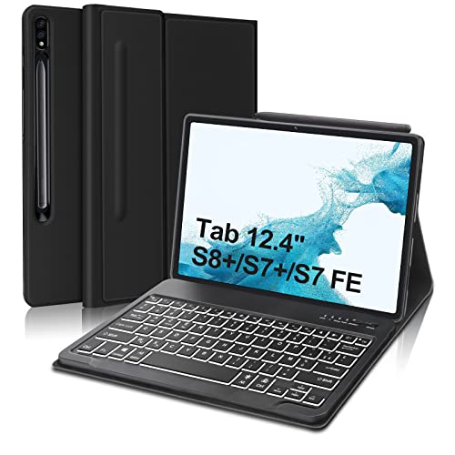 FOGARI FR Version AZERTY Clavier avec Étui pour Samsung Galaxy Tab S8 Plus/S7 FE/ S7 Plus 12,4', RGB Rétroéclairé Détachable Clavier Bluetooth sans Fil, Intelligent Coque de Protection, Noir