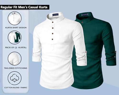Image of Zombom Men's Combo Cotton Polyester Blend Solid Full Sleeve Straight Regular Fit Mandarin /Chinese Collor Kurta (Pack of 2)