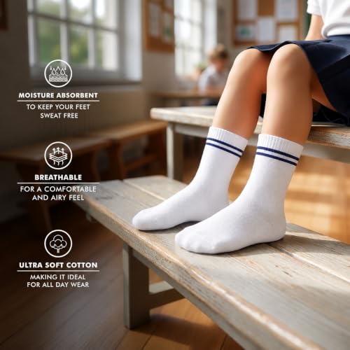 Image of Supersox Regular School Uniform Socks for Kids | White with Navy Stripe | Combed Cotton, Breathable, Moisture Absorbent & Anti Odour | Extra Durable Welt for All-Day Comfort | Pack of 5