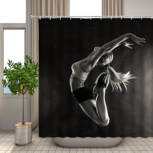 Rideau Douche Anti Moisissure 120 x 200 Danseuse Rideau de Douche Tissu Imperméable Lavable Fond Noir 3D Rideaux Baignoire Salle de Bain A-2835