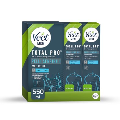 Veet Men Crema Depilatoria Petto e Corpo, Pelli Sensibili, Dermatologicamente Testata, 2x200ml + Kit Depilazione Intima, Pelli Sensibili, Crema Depilatoria da 100ml e Balsamo Post Depilazione da 50ml