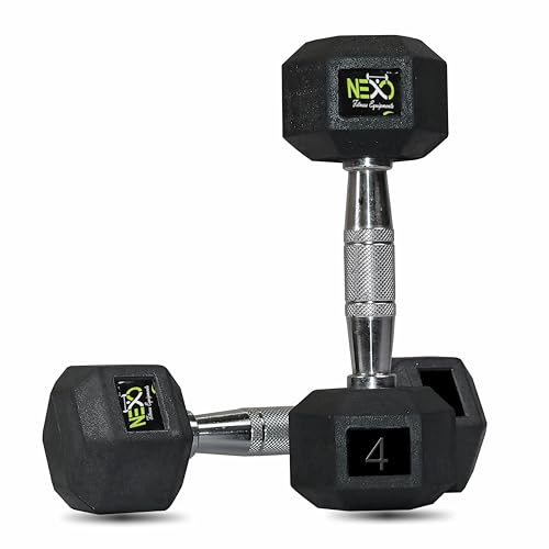 Image of NEXO Rubber Coated Hex Dumbbells for Home Gym Exercise | Workout Dumbbells Weights for Men & Women | 8kg Hex dumbbells set of 2 (4kg x 2) | Color - Black