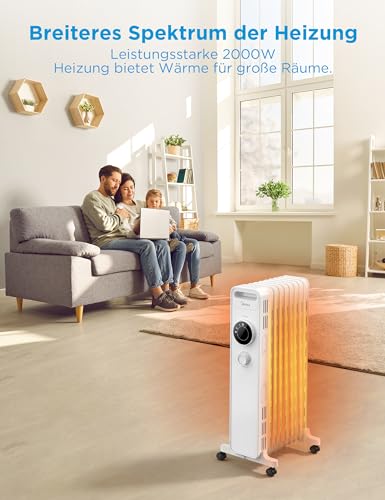 Midea NY2009- 22M Ölradiator 2000W Energiesparend Leise, Elektroheizung mit 9 Rippen, Thermostat, 3 Heizstufen, Kipp- und Überhitzungsschutz, ECO- Modus, schnell beheizbar und tragbar, weiß-2