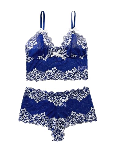 Image of Lilosy Sexy Lingerie for Women Lace Pajamas Set Cami Bra and Panty High Waist Sheer Sleepwear 2 Piece 2XS-6XL