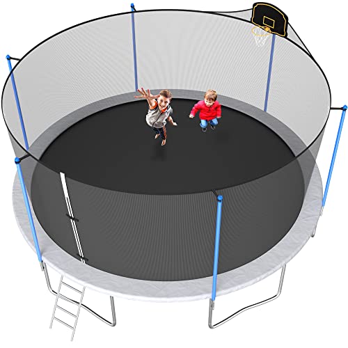 1000LBS 16FT Tram-polÃ­na for Adults and Kidsã€ASTM Approvedã€‘ Outdoor Jumping Bed with Safety Enclosure Net, Basketball Hoop and Ladder, Spring Pad Mat, Family Jumping Mat, Capacity for 6-8 Kids