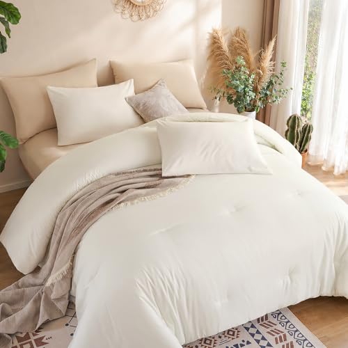 Image of weigelia Super-Soft Micorfiber Comforter Set - Full Size Cream White Lightweight Warmth Comforter for All Season Use, Machine Washable White Bedding Set (1 Comforter, 1 Pillowcases)
