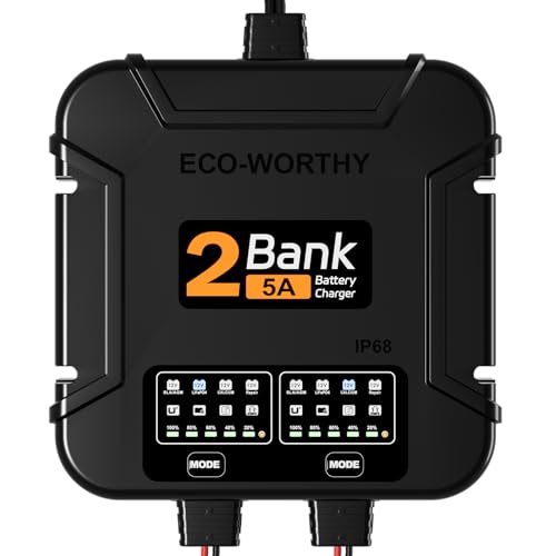 ECO-Worthy 2-Bank Marine Battery Charger 10A (5A/Bank), IP68 Waterproof 12V Charger & Maintainer for Boat RV Car, Lead-Acid LiFePO4 & Calcium Battery Desulfator