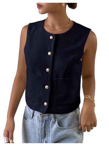 GORGLITTER Women's Cropped Vest Top Sleeveless Button Down Dressy Blazer Crop Jacket with Pockets Office Work