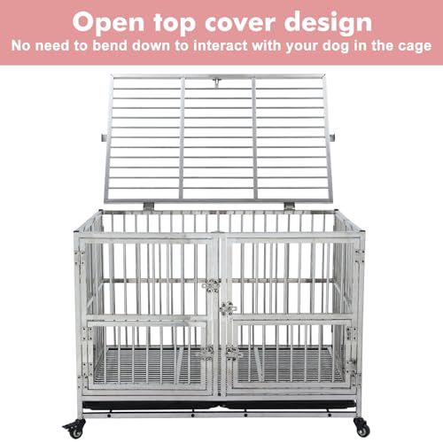 48-in Heavy Duty Dog Crate Cage Kennel with Wheels, Full Stainless Steel High Anxiety Indestructible Dog Crate, Sturdy Locks Design, Double Door Small Door Design & Removable Tray Design Silver