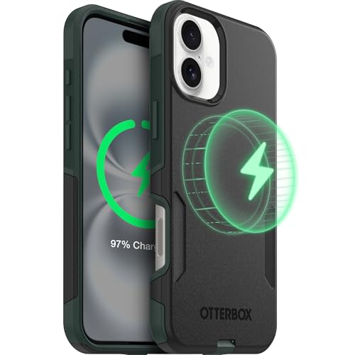 Image of OtterBox iPhone 16 Plus (Only) - Commuter Series Case - Built-in MagSafe - Thin, Dual-Layer, Pocket-Friendly, Port Cover - Forest Night (Black /Green)