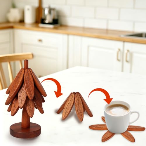Wooden Trivet Set with Stand, 5 Pcs Tree Leaf Anti‑Slip Pattern Hot Pot Holders for Kitchen, Heat Resistant Wood Coasters for Hot Dishes, Pans, Teapots - Decorative Countertop Storage (Texture- 5 Pcs) - image 2