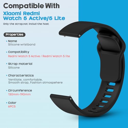 BDIG 6 Piezes Correas Compatible con Xiaomi Redmi Watch 5 Active/5 Lite,22mm Coloridos Transpirable Impermeable Suave Silicona Pulsera de Repuesto para Redmi Watch 5 Active/5 Lite - imagen 6