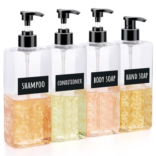 Segbeauty Dispensador Jabon Baño, 4 Piezas 350ml Dispensador de Espuma, Botes para Gel y Champu, Dosificador Jabon de Plástico con Etiquetas, para Encimera de Cocina (Blanco)