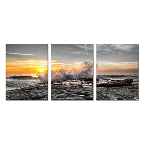 LevvArts 3 Piece Ocean Canvas Wall Art Black and White Gold Sunrise Picture Beach Landscape Painting Prints with Frame Modern Bedroom Bathroom Wall Decor Ready to Hang