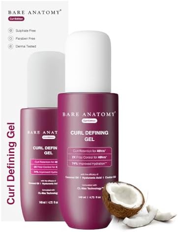 Bare Anatomy Curl Defining Gel | For Well Defined Shiny Curls | Curl Retention & 2X Frizz Protection For 48 Hours | Coconut Oil, Hyaluronic Acid & Castor Oil | Sulphate & Paraben Free | 140 ml