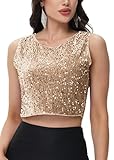 Anna-Kaci Women's Sequin Sleeveless Tops Sparkle Glitter Crew Neck Club Party Nightout Crop Tank Top, Gold, Small