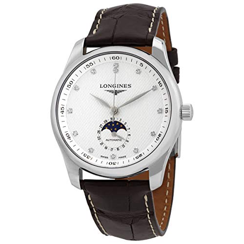 The Longines Master Collection Moonphase Automatic Silver Dial with Diamonds, Brown Alligator Strap L2.909.4.77.3