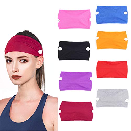 Sethexy Yoga Headbands Button Black Stretchy Bandeau 8 Pack Wide Knotted Sweatband Sports Hair Band for Men and Girls