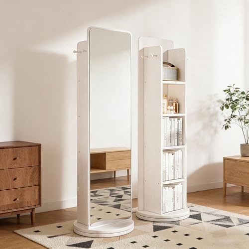 360° Rotating Full-Length Mirror with 4-Tier Bookcase, 3-in-1 Floor Dressing Mirror, Coat Rack & Magazine Holder for Bedroom, Living Room, Study Room Decor