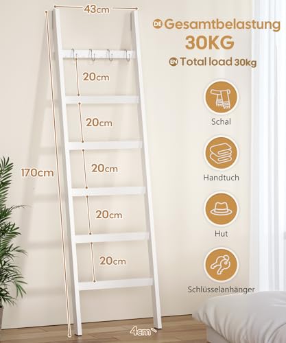 Yorbay Handtuchleiter Bambus, 6 Sprossen, Kleiderleiter mit 2 Sturzsicherheitsriemen und 4 Haken, Handtuchhalter Leiter für Dekoratives Badezimmer, Leiter Deko HxB 170 x 43 cm (Weiß)