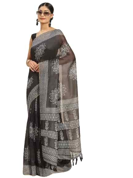 Amazon Brand - Anarva Women's Pure Cotton block print saree with unstiched blouse piece