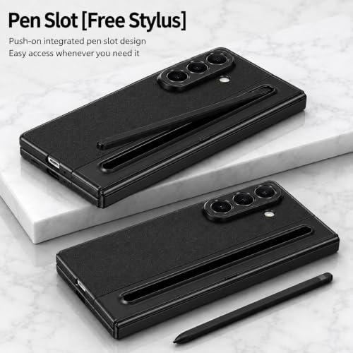Image of amazon basics Premium Genuine Leather Case for Samsung Galaxy Z Fold 8 Ultra - Slim Fit Luxury Business Cover with Built-in S Pen Slot & Magnetic Hinge Protection - Midnight Black