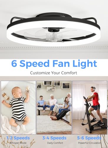 Image of Ceiling Fans with Lights and Remote, 20 inch Low Profile Flush Mount Ceiling Fan with 7 Blades, 6 Speeds, 3CCT Dimmable LED Fan Light (3000K-6500K), Modern Fandelier Ceiling Fans for Bedroom