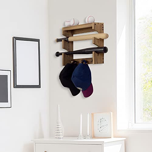 Mygift Rustic Burnt Wood Wall Mounted Baseball Hat Bat Rack And Ball Holder With Display Shelf And Cap And Coat Hooks #TOP2