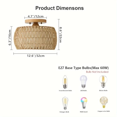 KUOP Boho Deckenlampe Rattan Lampe Decke 30cm Deckenleuchte Rattan Deckenlampen E27 Korblampen Schlafzimmerlampe Wohnzimmerlampe für Wohnzimmer Schlafzimmer Flur, B32cm*H15cm