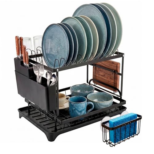 Decolab Kit Escorredor de Louça + Suporte Para Esponja, Com Suporte Para 12 Prato, Bandeja para Saída de Água, Pratos de Jantar e Sobremesa, Porta Talheres, Copos e Bucha (Preto, 2 Andares)