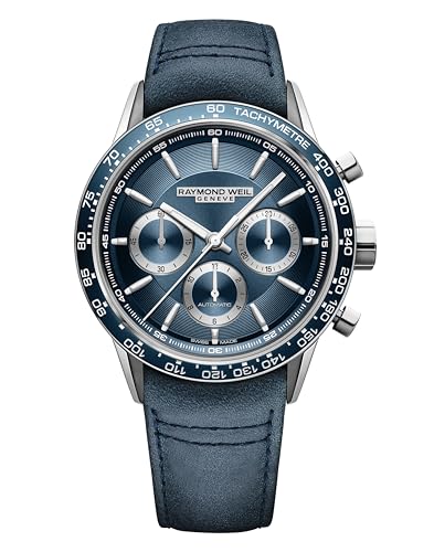RAYMOND WEIL Freelancer Men's Automatic Chronograph Watch, Blue Dial, Leather Strap 43.5 mm (Model: 7741-SC3-50021)