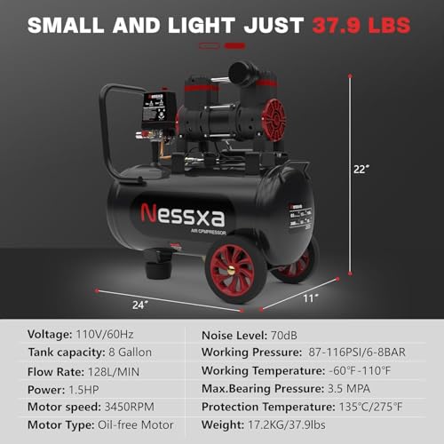 Image of Ultra Quiet Air Compressor 8 Gallon, 1.5HP 4.52 CFM Max 115 PSI Pressure Oil-Free Steel Tank, Air Compressor with 2 Quick Couplers for Auto Repair, Tire Inflation, Spray Painting, Woodwork Nailing