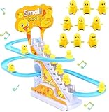 Small Ducks Climbing Toys, Electric Ducks Chasing Race Track Game Set, Playful Roller Coaster Toy with 9 Duck LED Flashing Lights & Music Button, Fun Duck Stair Climbing Toy for Children and Kids (A)