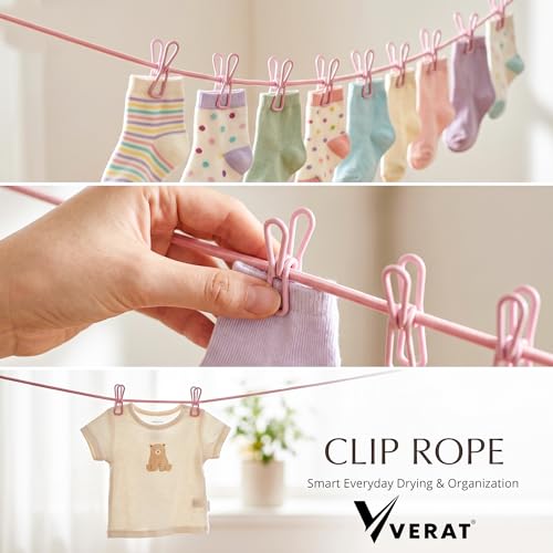 Image of VERAT 2 Piece Cloth Drying Rope /Elastic Rope with Hook /12 Clip Elastic Hanging Rope /Stretchable /Clothesline /Portable Cloth Dryer /Kapde Sukhane Ki Rassi /Travel Home Outdoor(Multicolour), Assorted