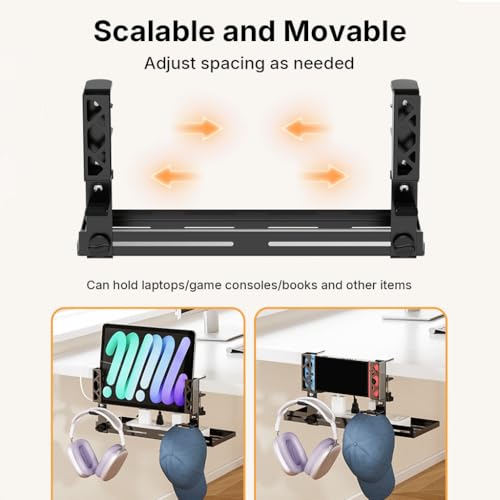 Image of Under Desk Cable Management Tray with 3-in-1 Adjustable Laptop Mount and Headphone Hanger, No-Drill Desk Organizer for Dell HP Lenovo Laptops, Wiring Storage for Home Office Study Spaces